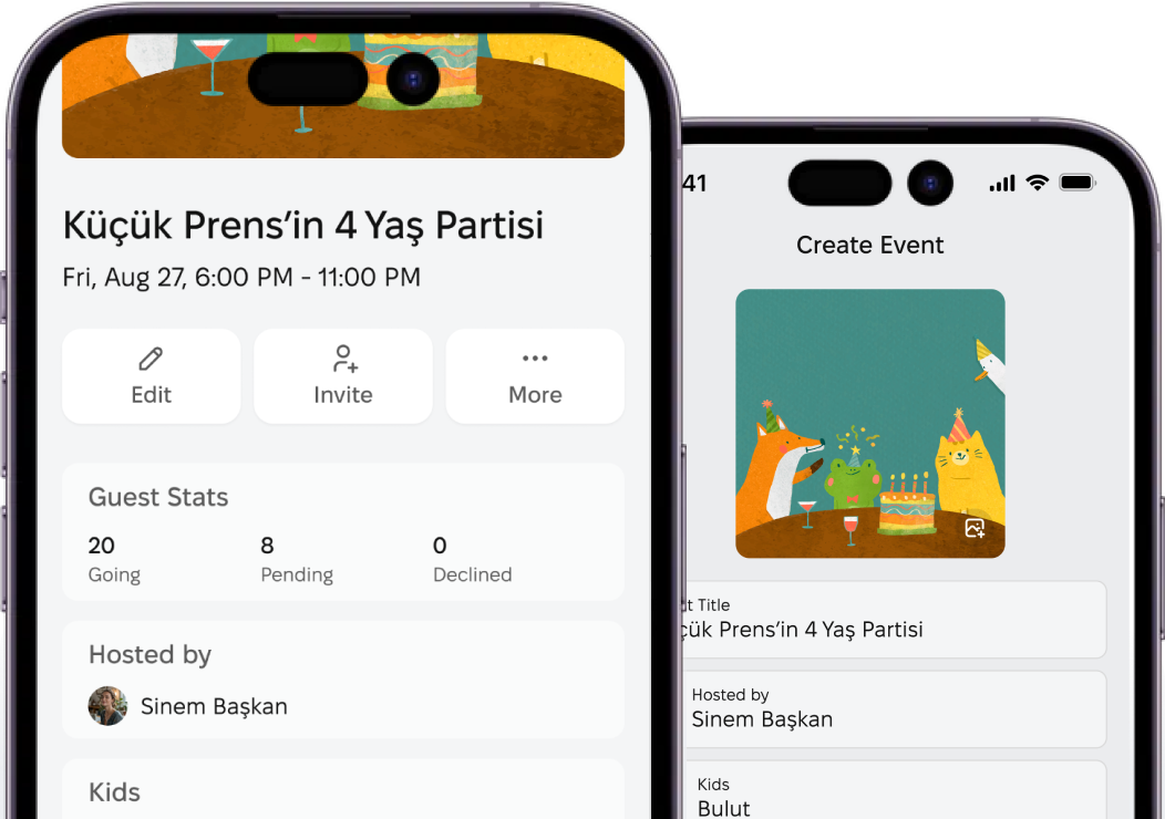 Two Kidoly screens: an event page with guest stats, and the create-event form