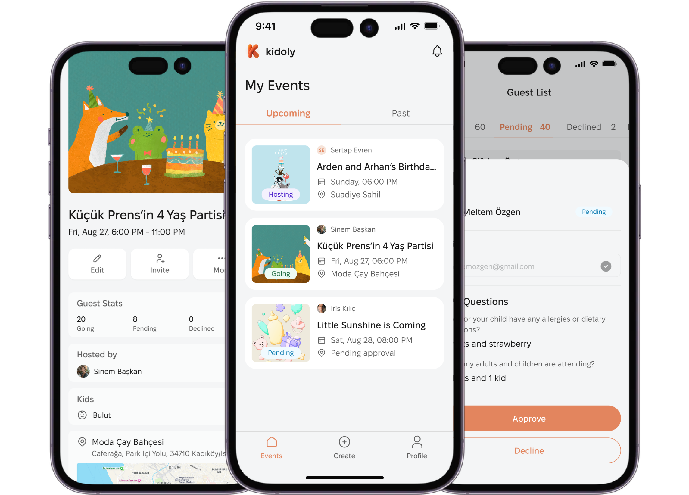 Three Kidoly screens side by side: an event page with guest stats, the list of upcoming events, and a guest list with a pending request waiting to be approved